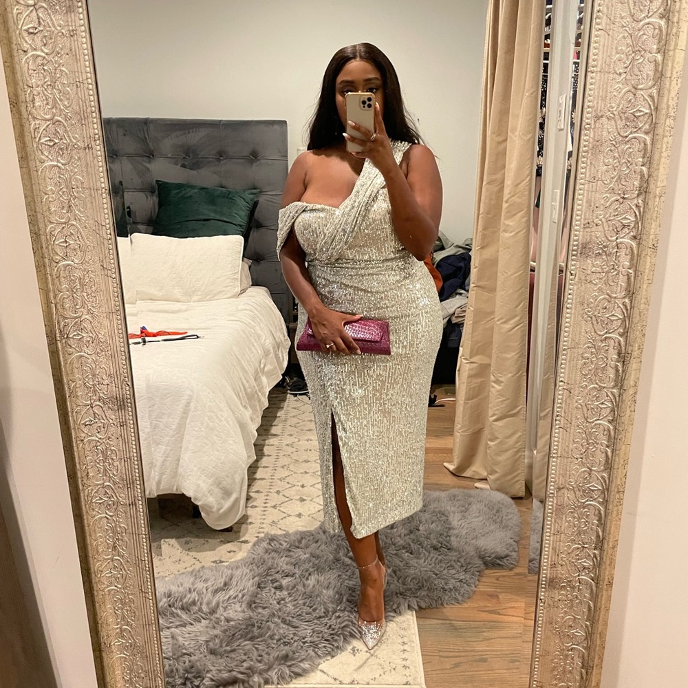 Silver midi sequin cocktail dress